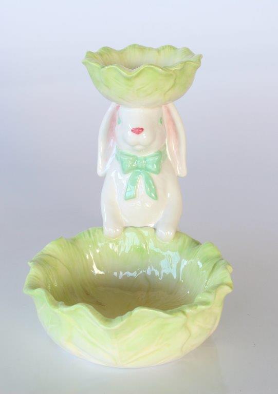 2 Green & White Cabbage Bowls With Bunny